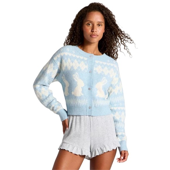 wild fable Sweaters - Wild Fable Women's Blue Bunny Argyle Heart Cropped Cardigan Size XL